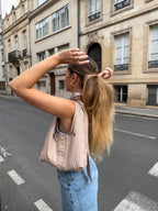 Sac nœud upcyclé beige à rayures - petit
