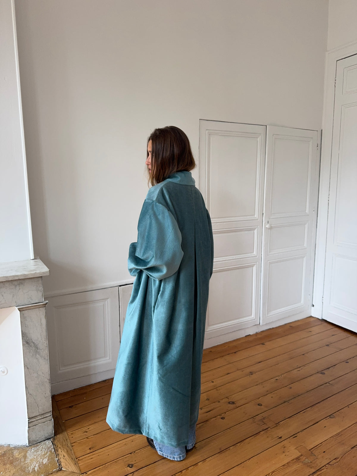 Veste longue upcyclée velours bleu - T1