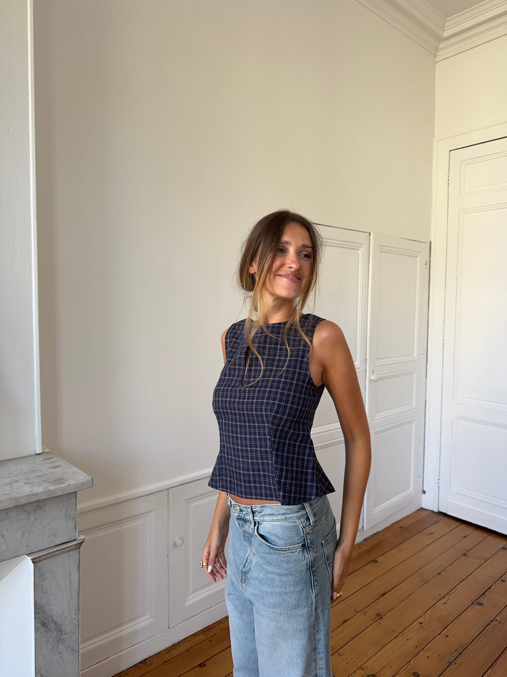 Top dos nu upcyclé à carreaux - L