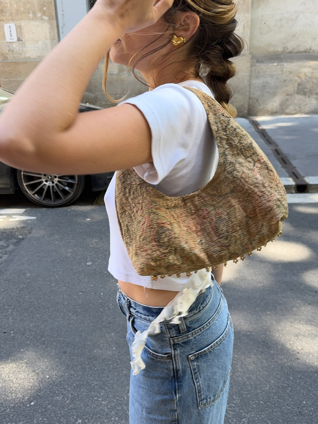 Sac upcyclé marron à motifs et perles vintage - petit