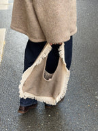 Sac upcyclé laine grise et franges vintage - petit