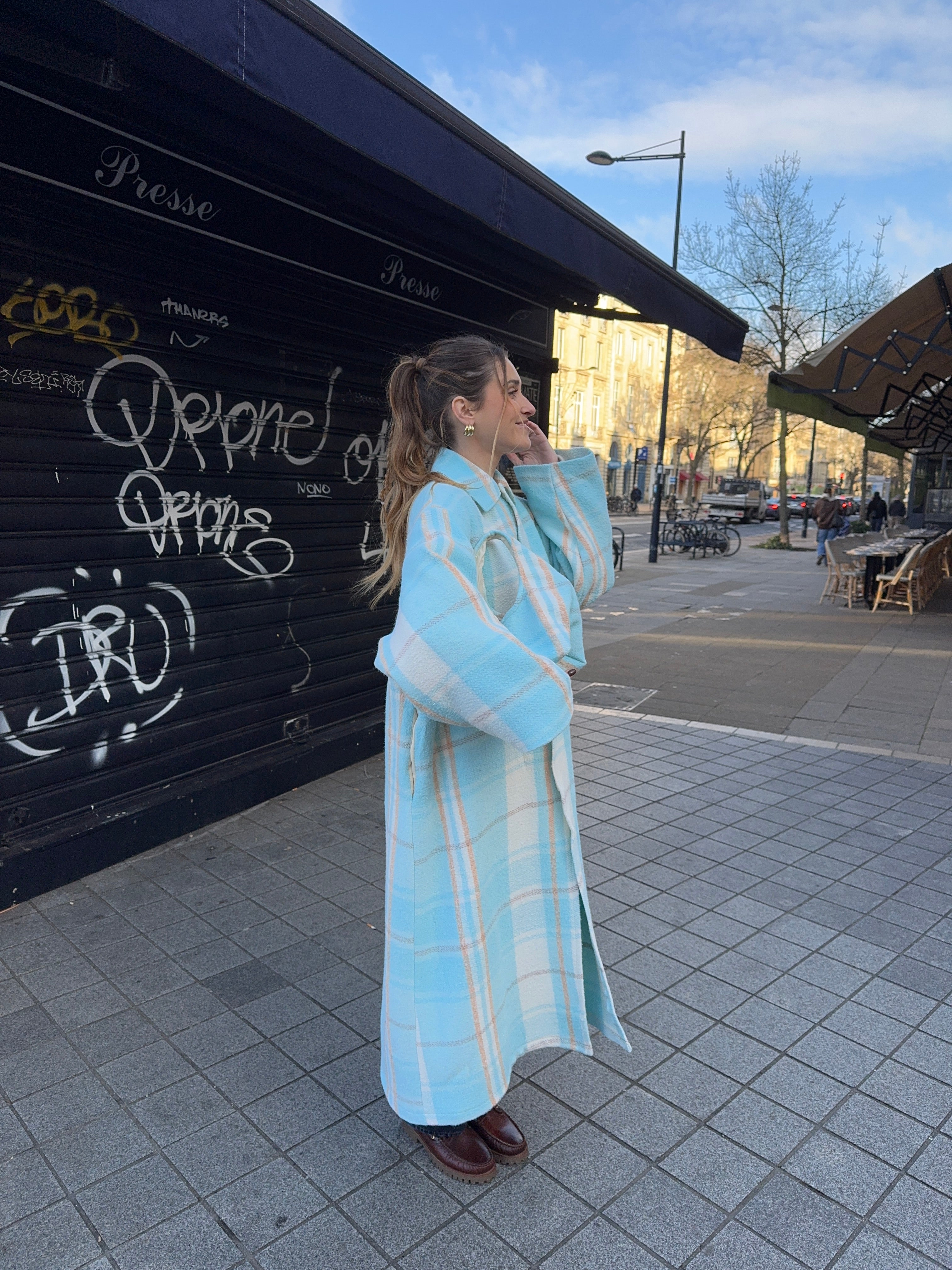Manteau long upcyclé laine ciel à carreaux vintage