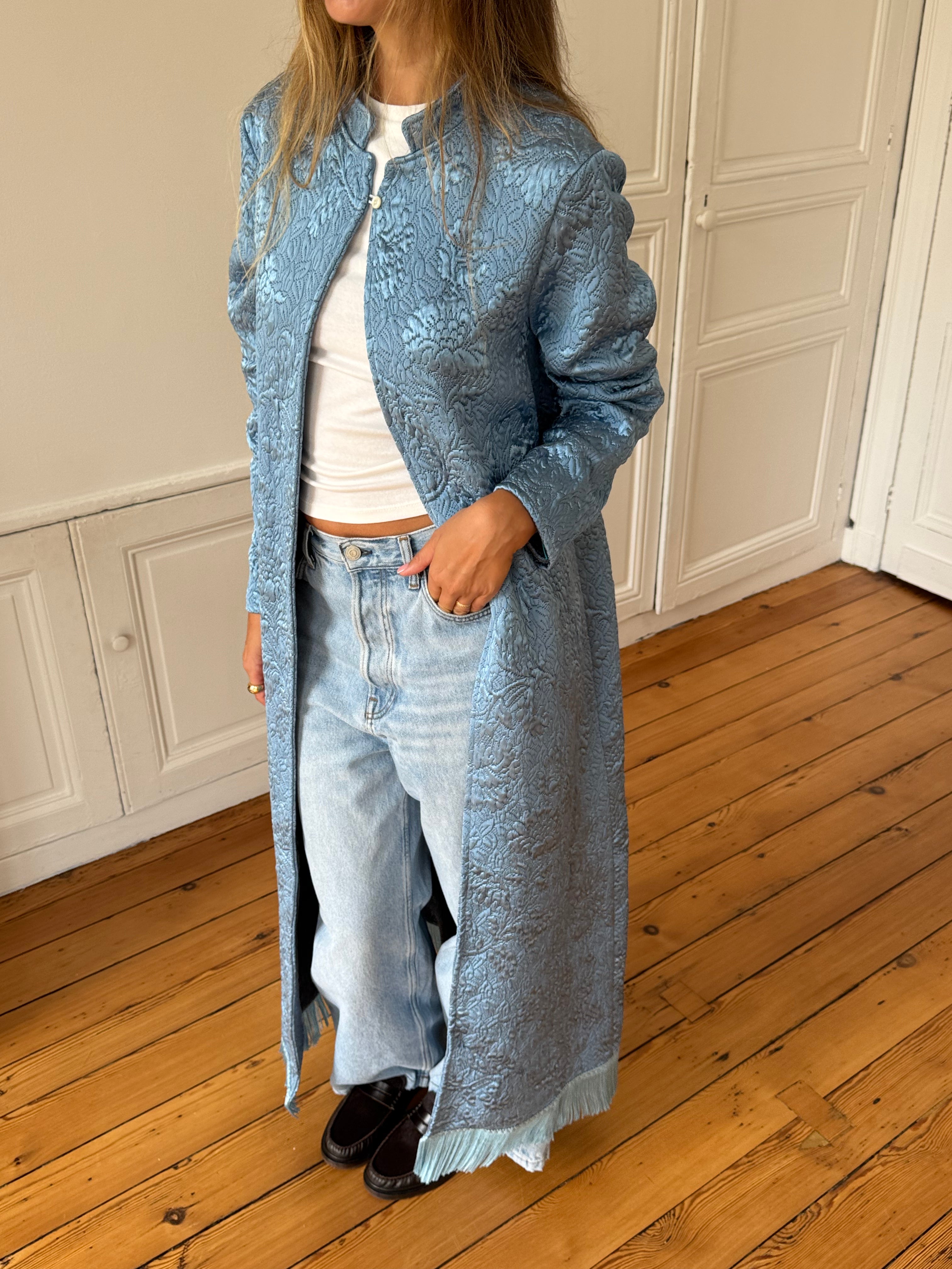 Veste longue upcyclée bleue et franges - M