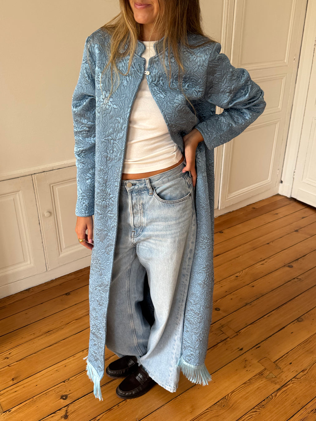 Veste longue upcyclée bleue et franges - M