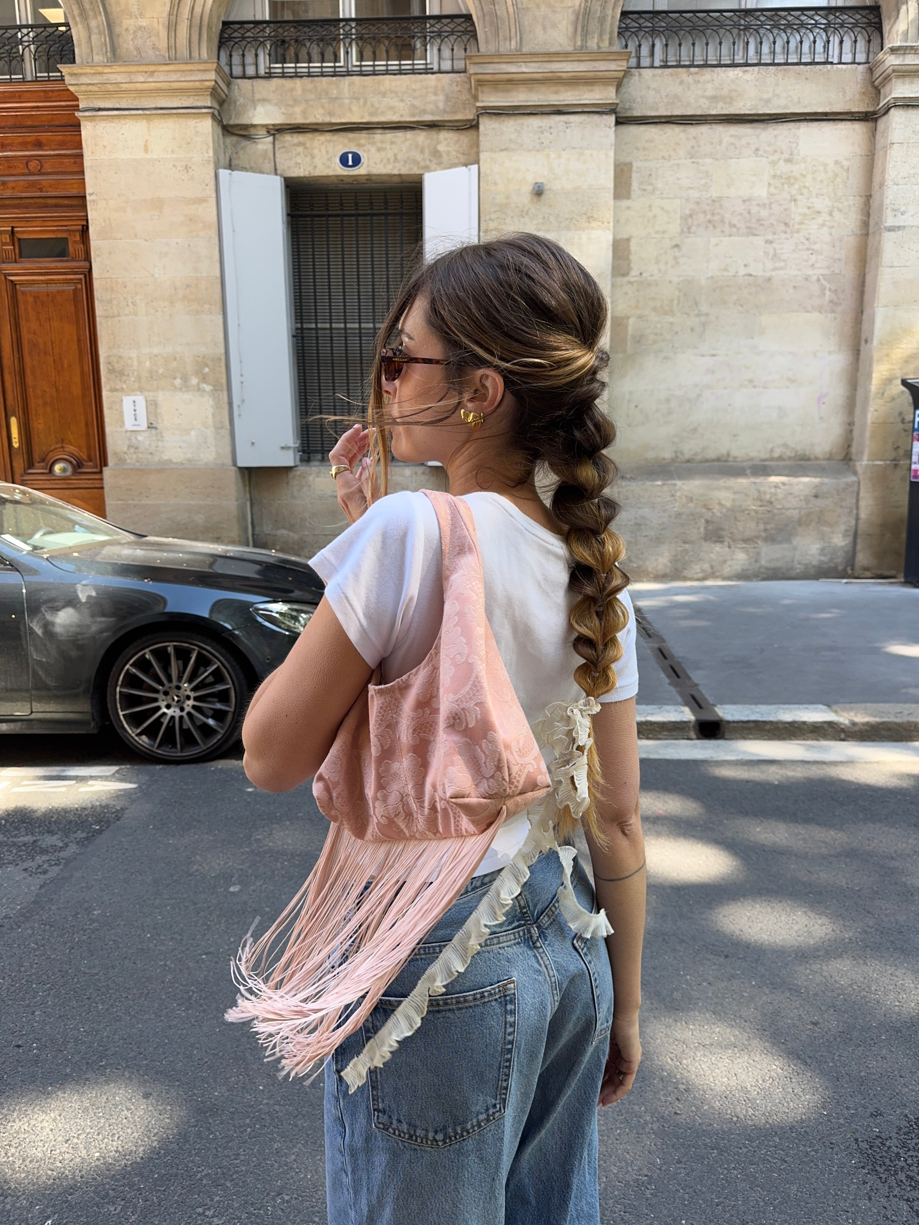Sac upcyclé rose à motifs et franges vintage - petit