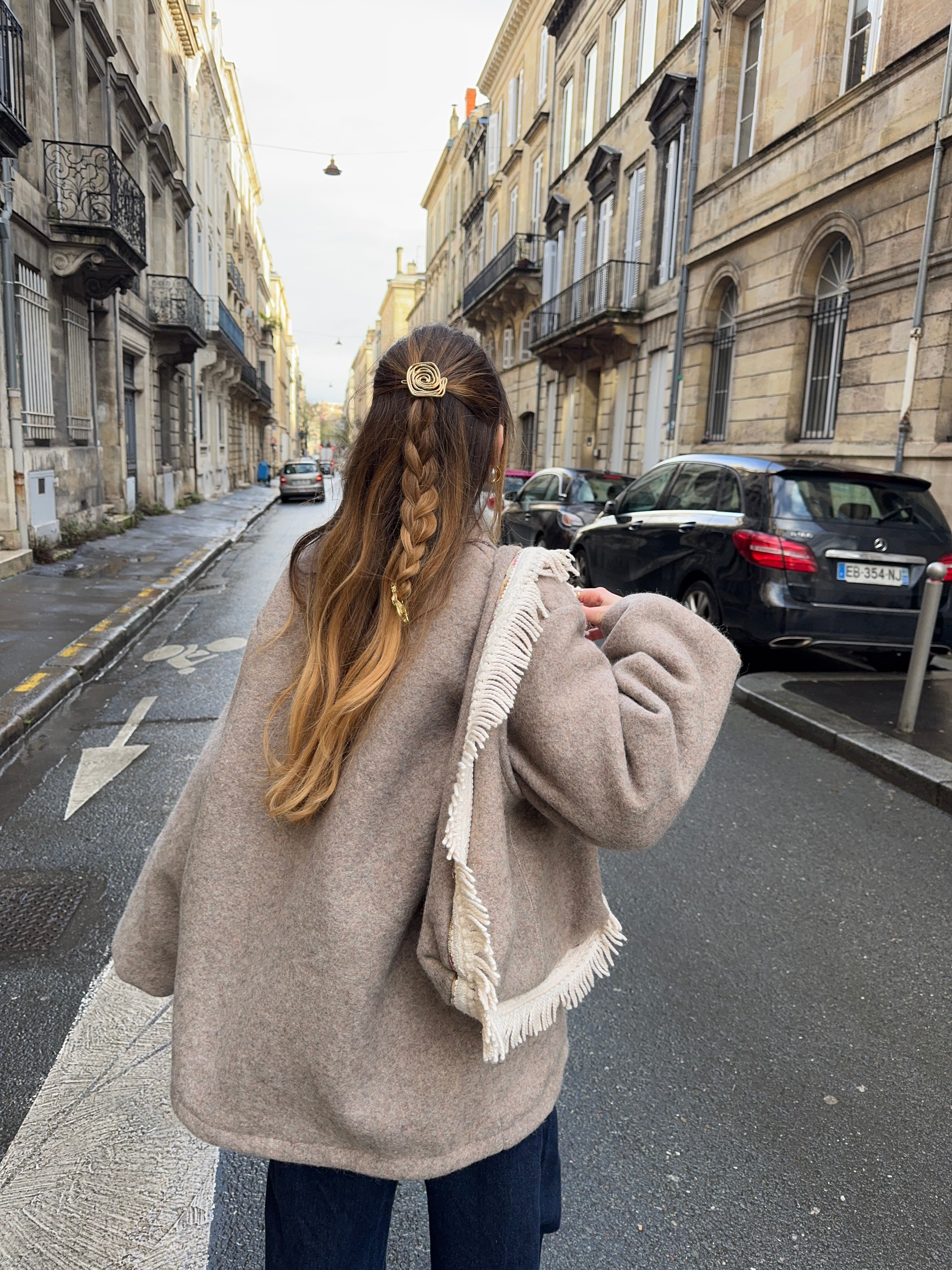 Sac upcyclé laine grise et franges vintage - petit
