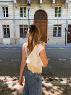 Sac upcyclé satiné écru à motifs et franges vintage - petit