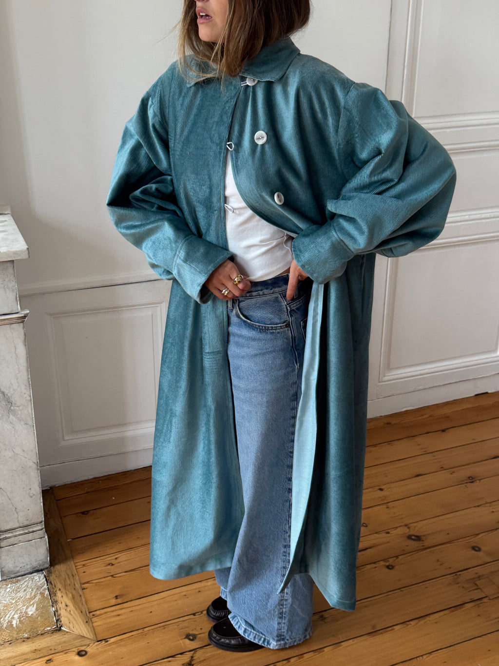 Veste longue upcyclée velours bleu - T1