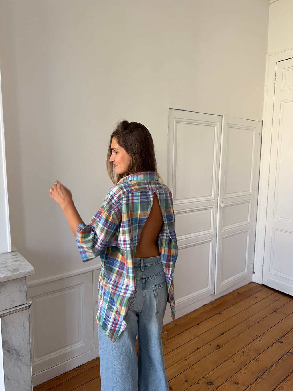 Chemisette upcyclée dos nu à carreaux - M/L