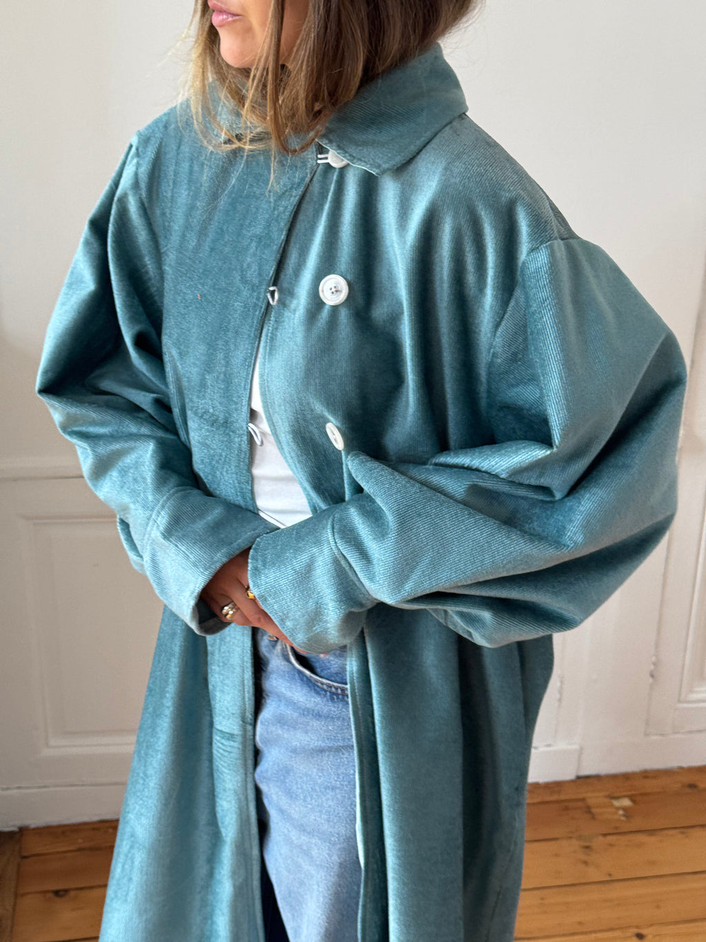 Veste longue upcyclée velours bleu - T1