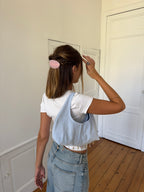 Sac upcyclé denim clair et perles