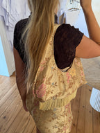 Sac upcyclé satiné doré à motifs et franges vintage - petit