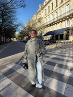 Manteau long laine fine vichy noir et blanc