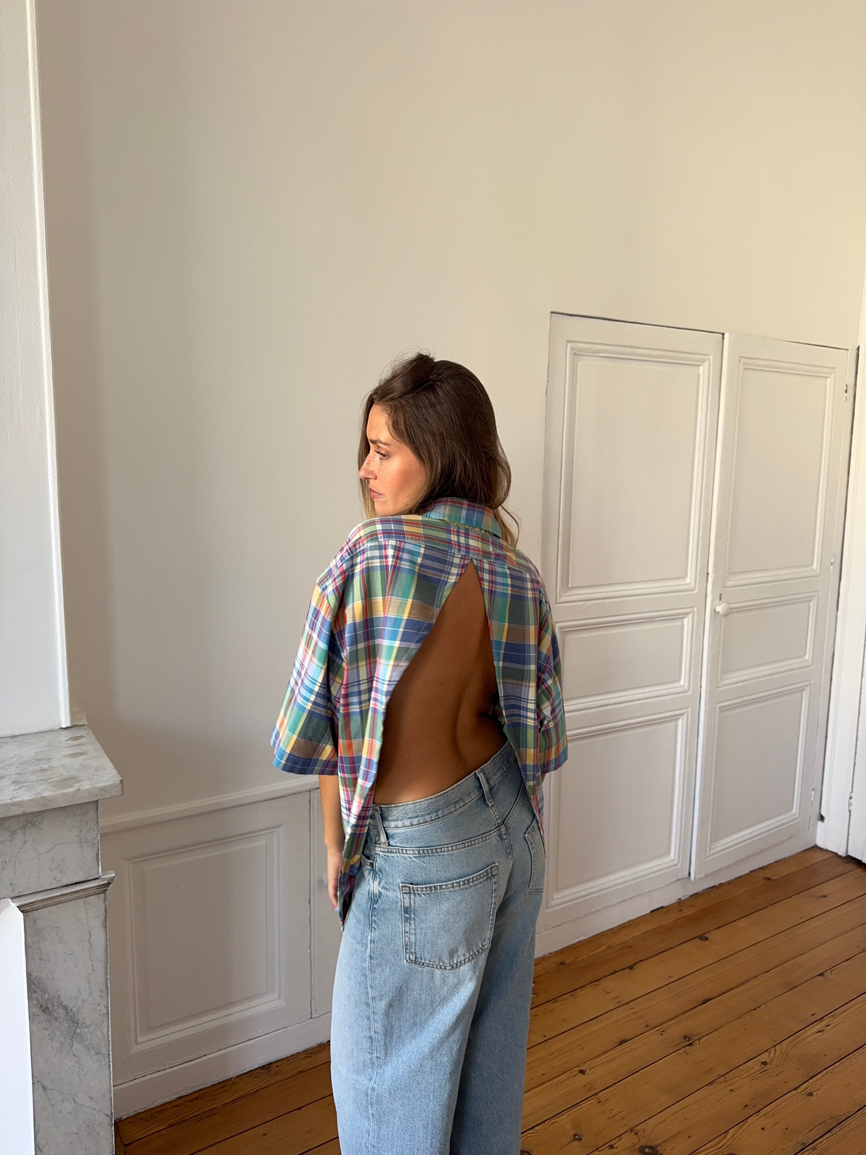 Chemisette upcyclée dos nu à carreaux - M/L