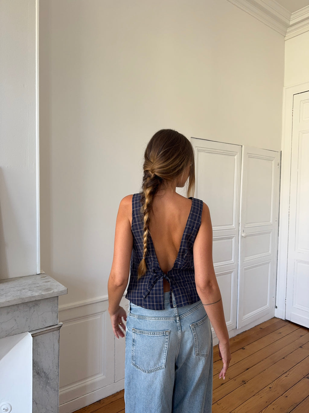 Top dos nu upcyclé à carreaux - L