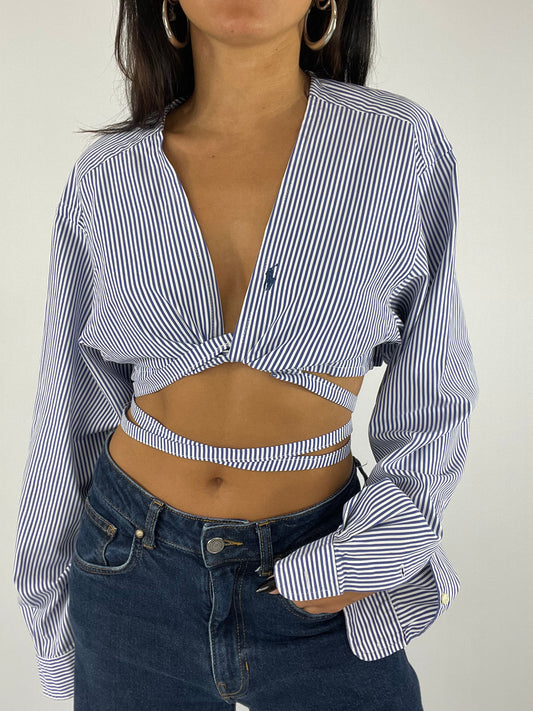 Chemise upcyclée cache-cœur à rayures bleues