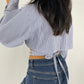 Chemise upcyclée cache-cœur à rayures bleues