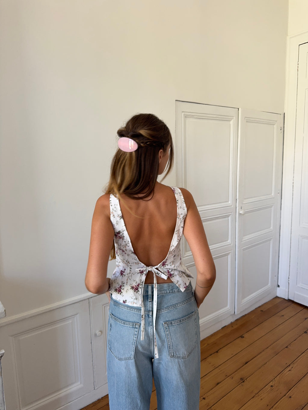 Top dos nu upcyclé à fleurs - XS