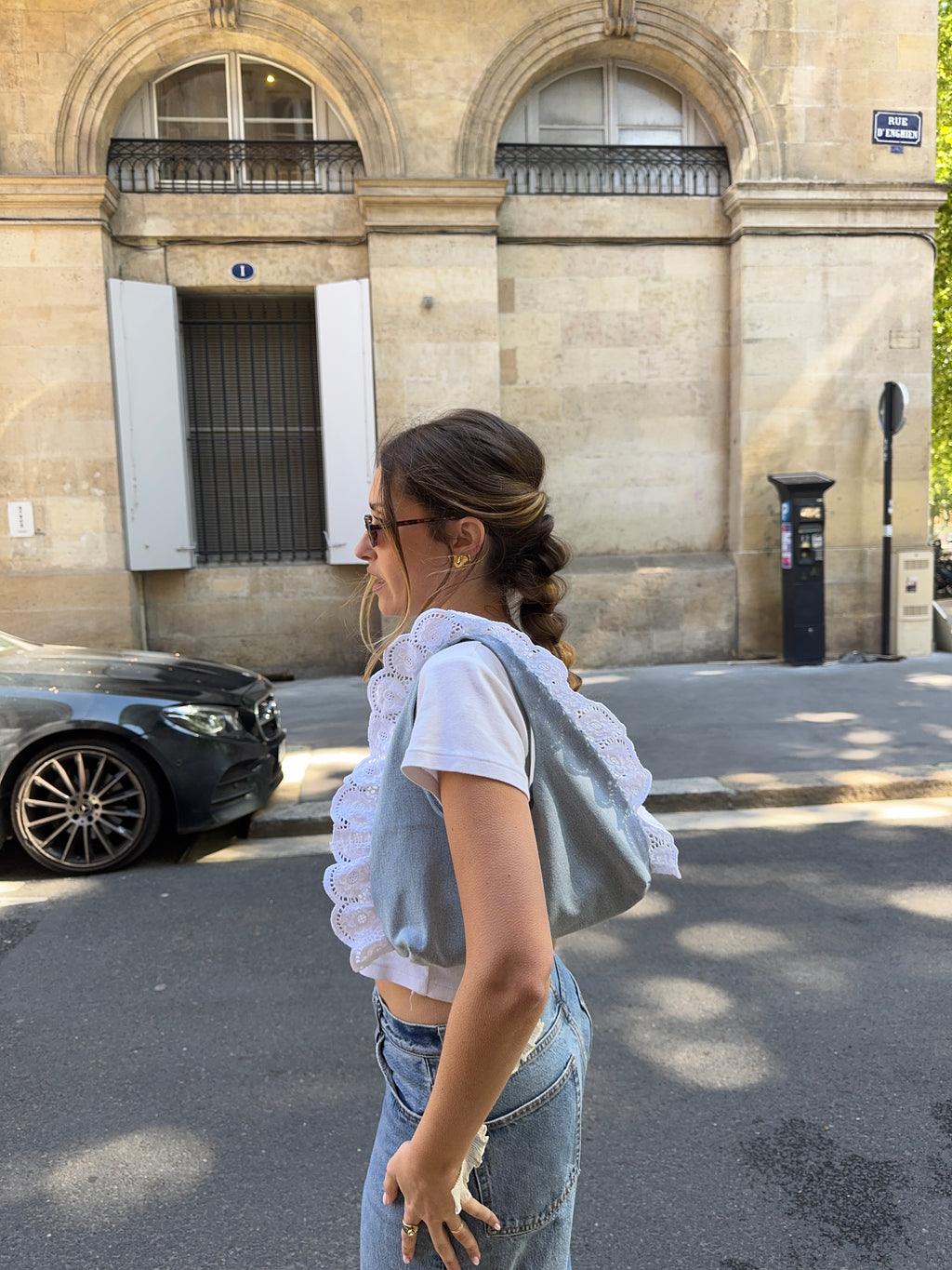 Sac upcyclé denim clair et dentelle vintage - petit