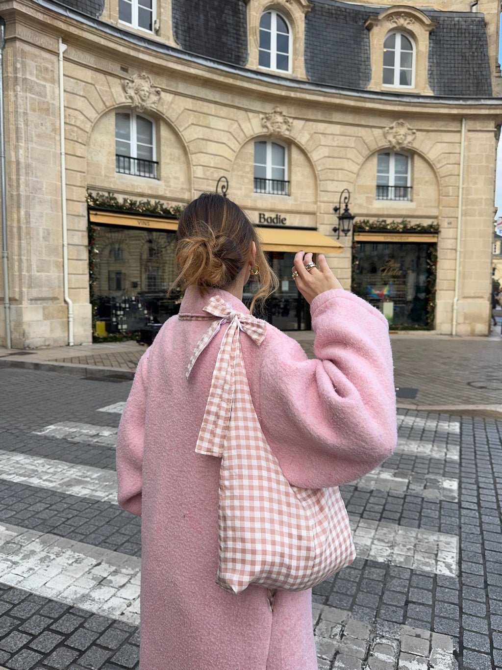 Sac nœud réversible vichy/rayures rose