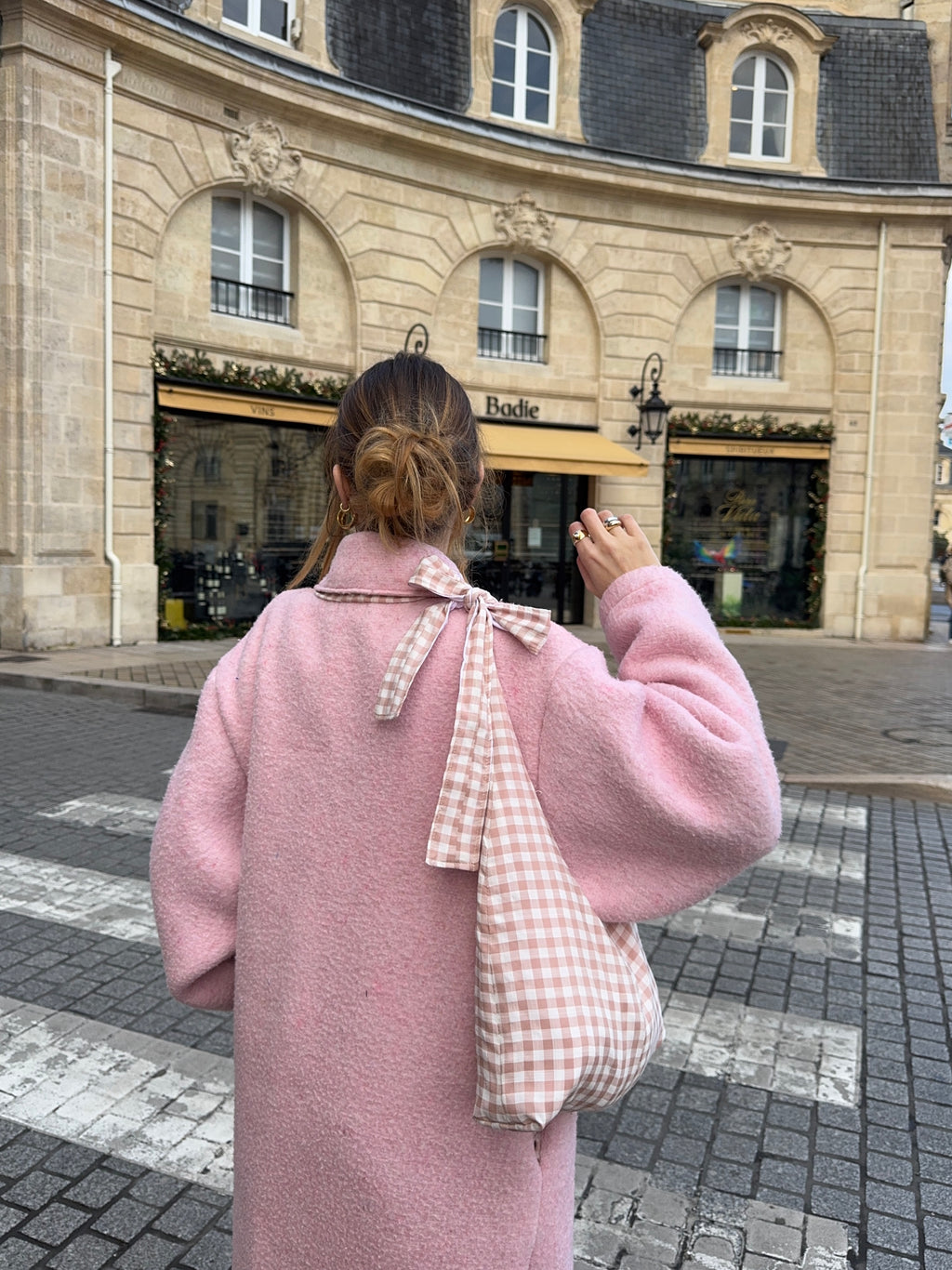 Sac nœud réversible vichy/rayures rose