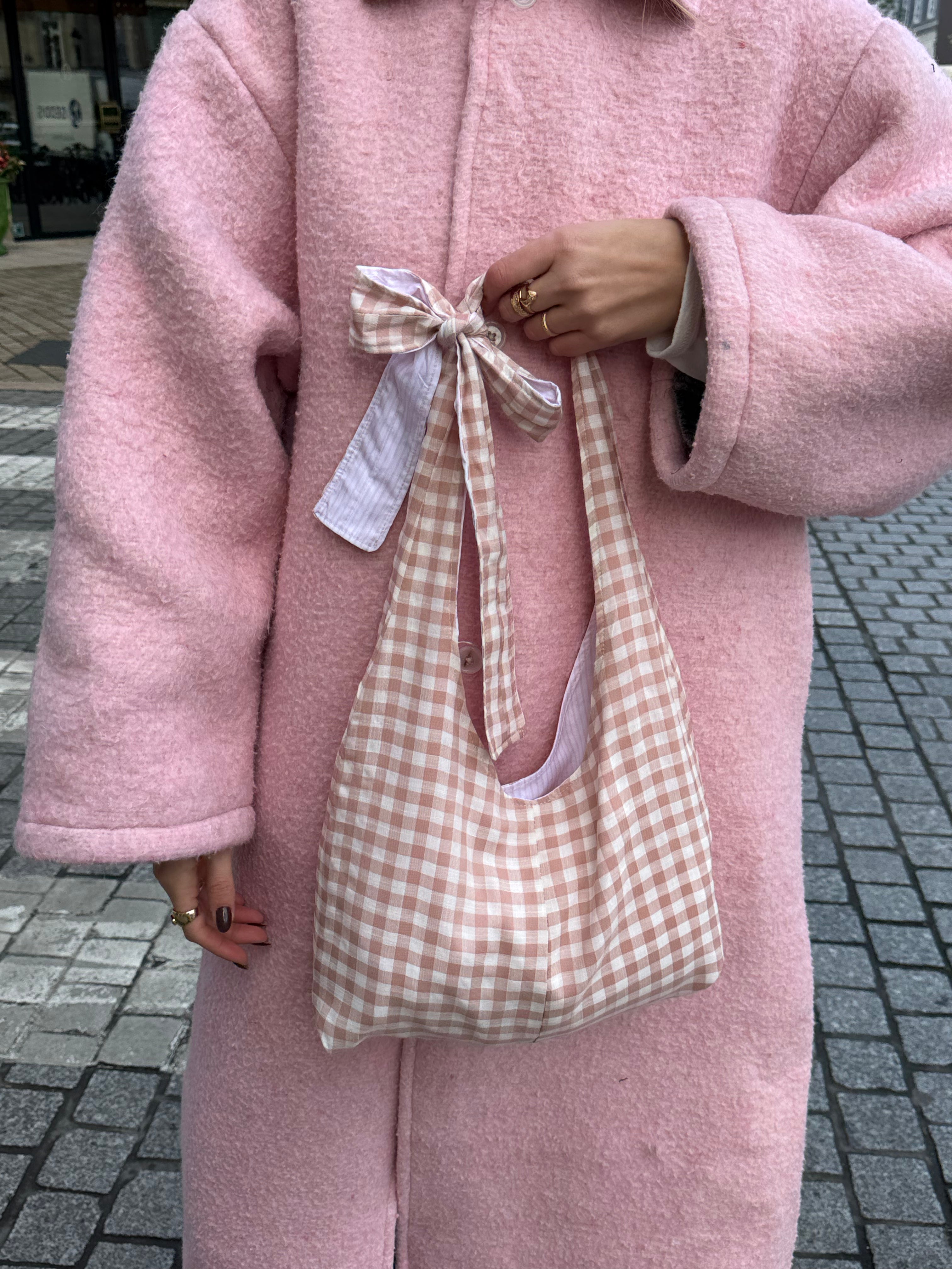 Sac nœud réversible vichy/rayures rose