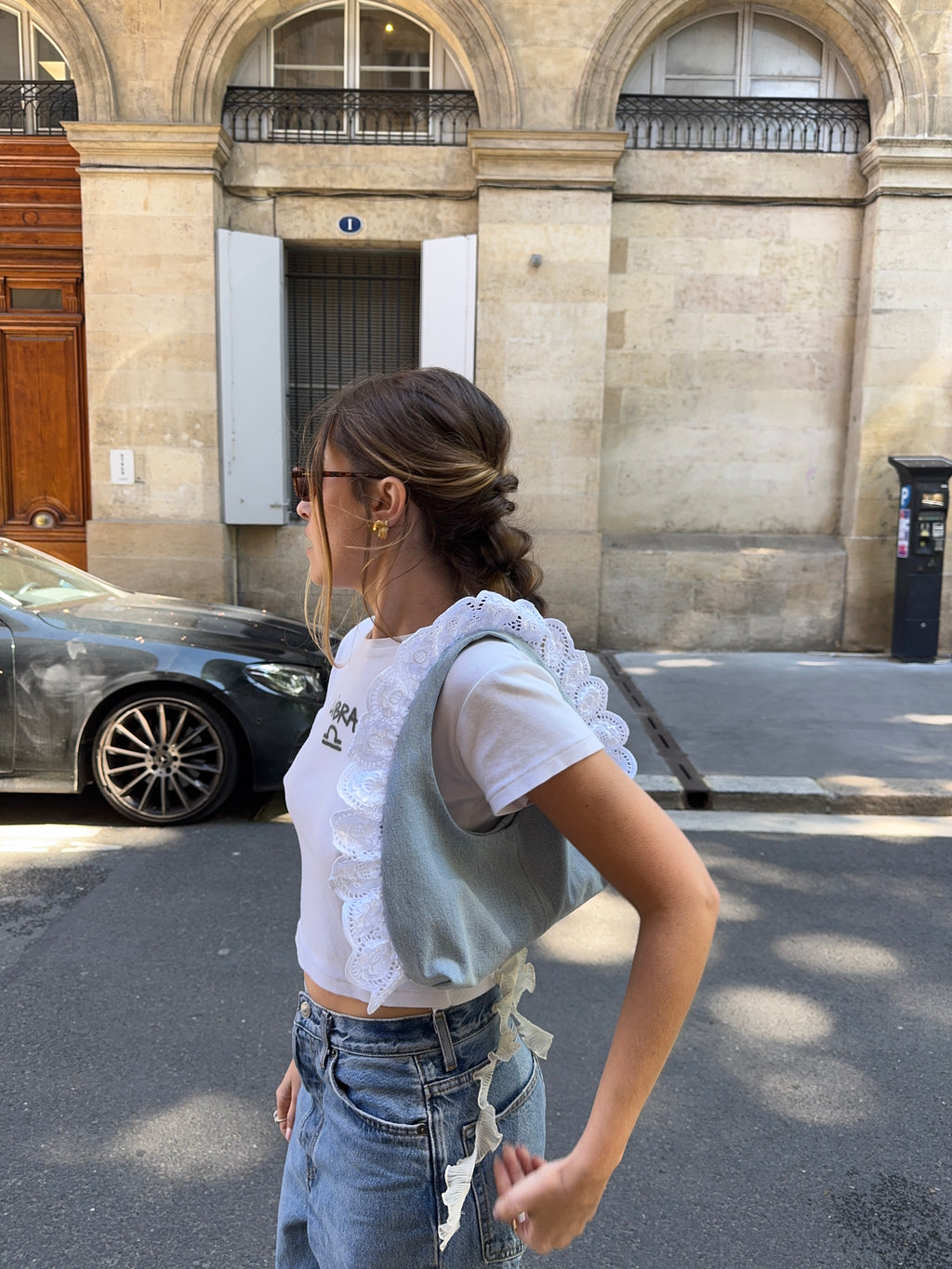 Sac upcyclé denim clair et dentelle vintage - petit