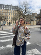 Veste upcyclée bleu-vert satiné à motifs vintage