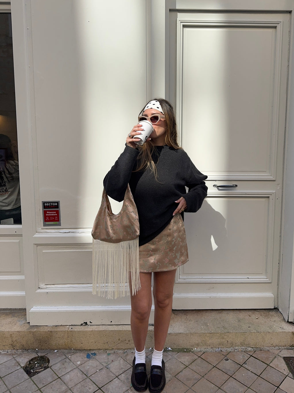 Jupe upcyclée satinée cuivrée à motifs vintage