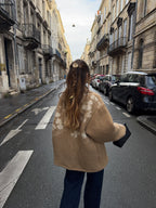 Manteau upcyclé laine marron clair à fleurs vintage