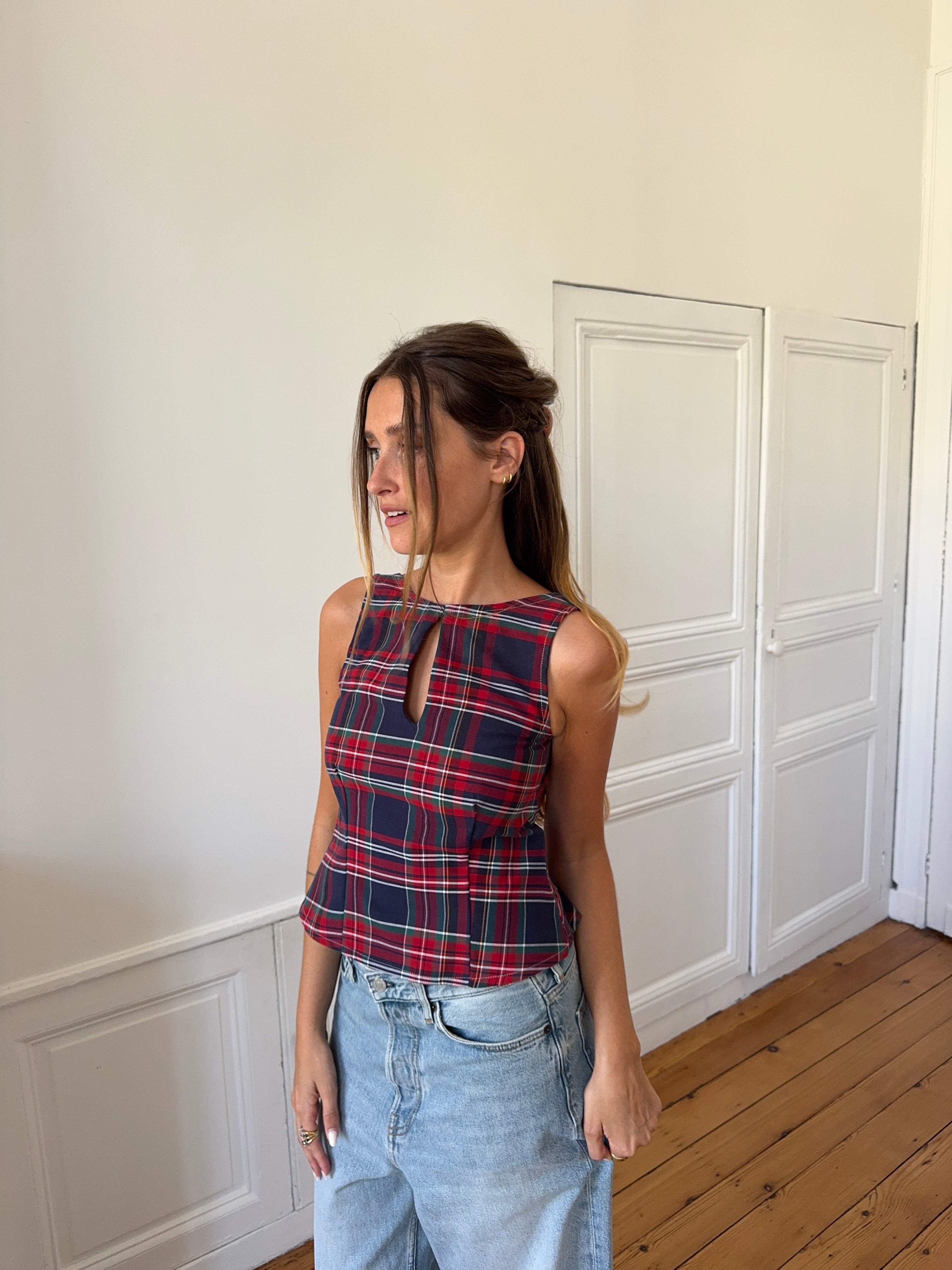 Top dos nu upcyclé à carreaux - XS