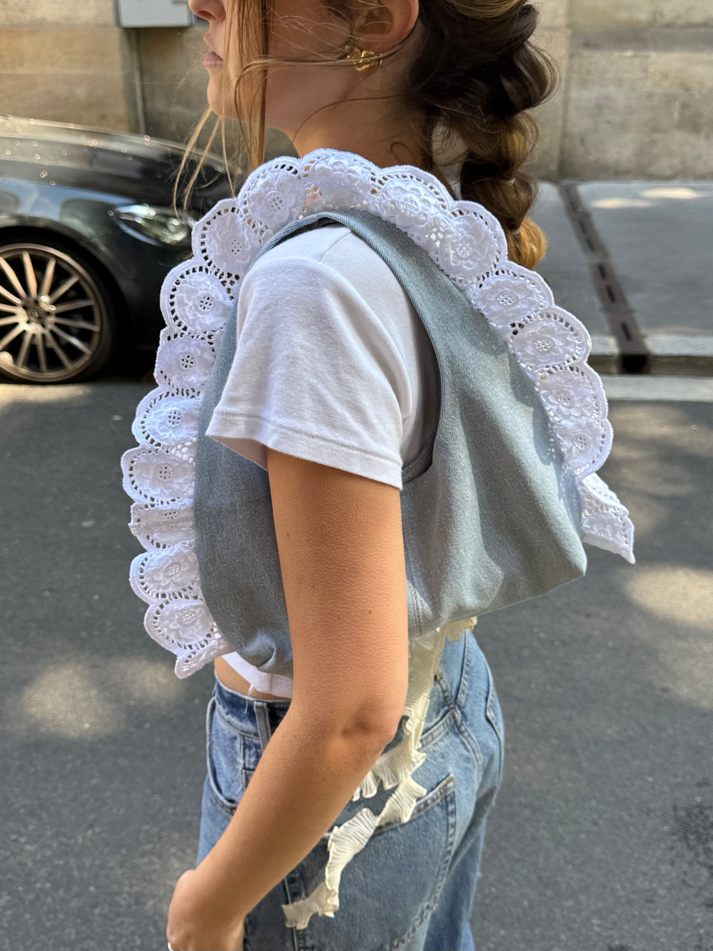 Sac upcyclé denim clair et dentelle vintage - petit