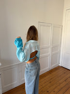 Chemise upcyclée dos nu lin ciel - XS/S