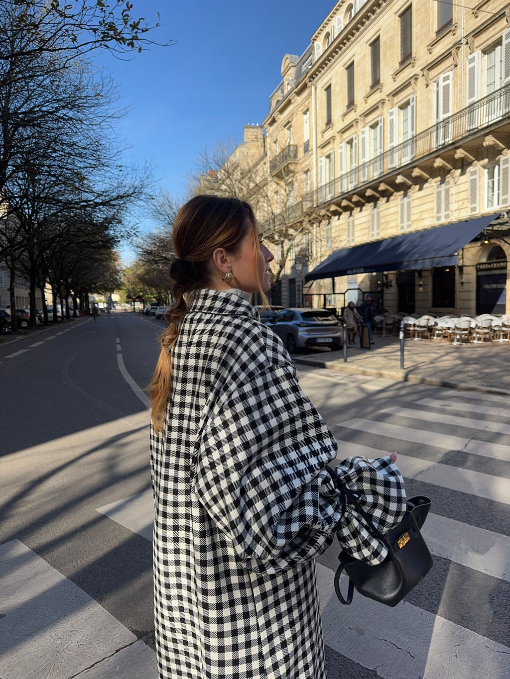 Manteau long laine fine vichy noir et blanc