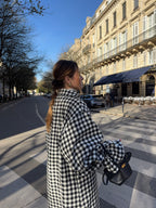 Manteau long laine fine vichy noir et blanc