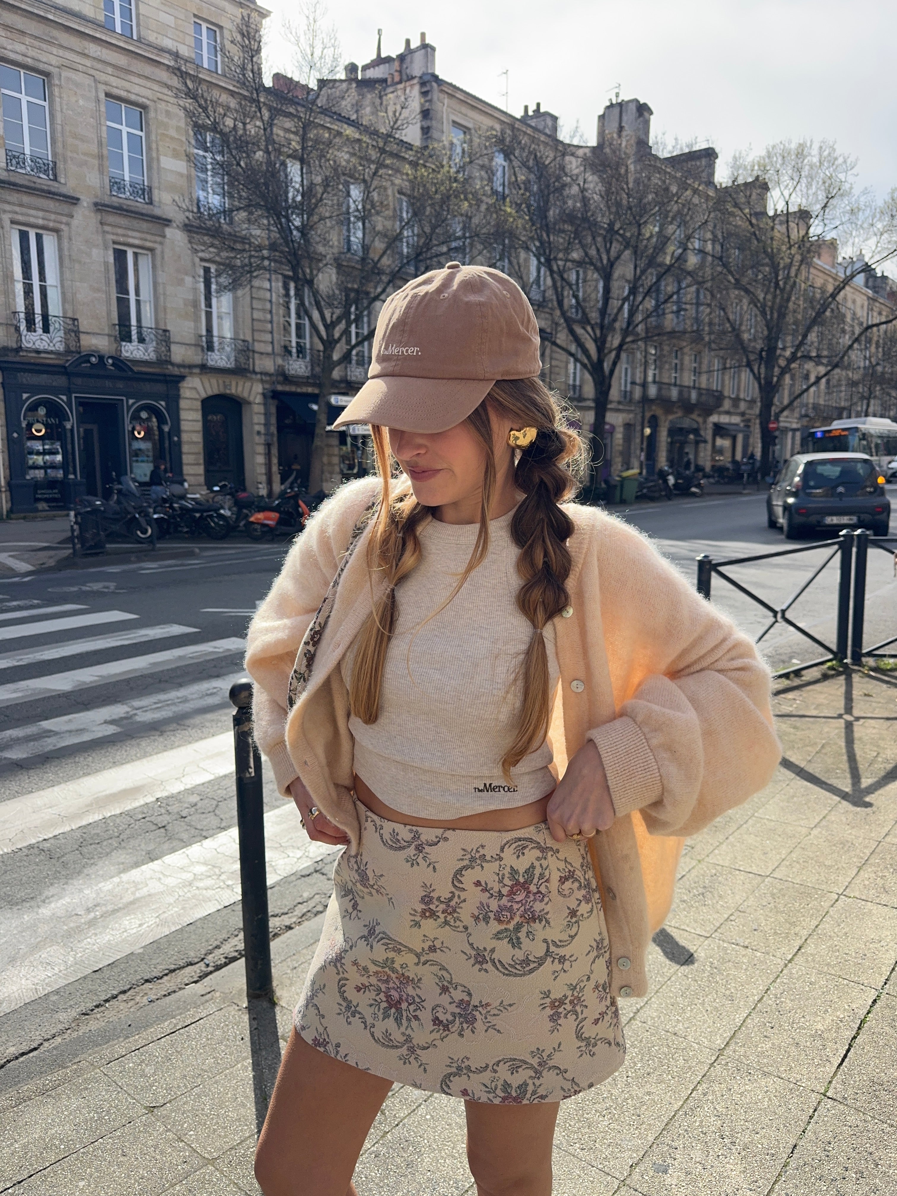 Jupe upcyclée beige à motifs vintage