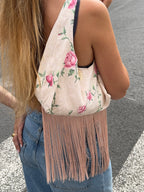 Sac upcyclé crème à fleurs et franges vintage - petit