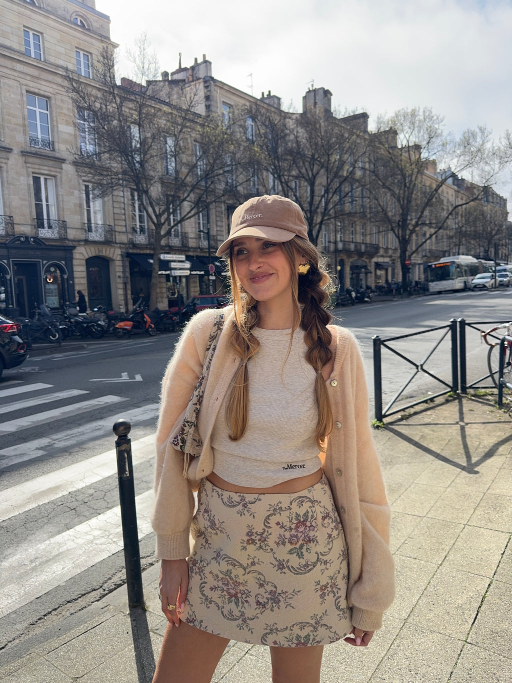 Jupe upcyclée beige à motifs vintage