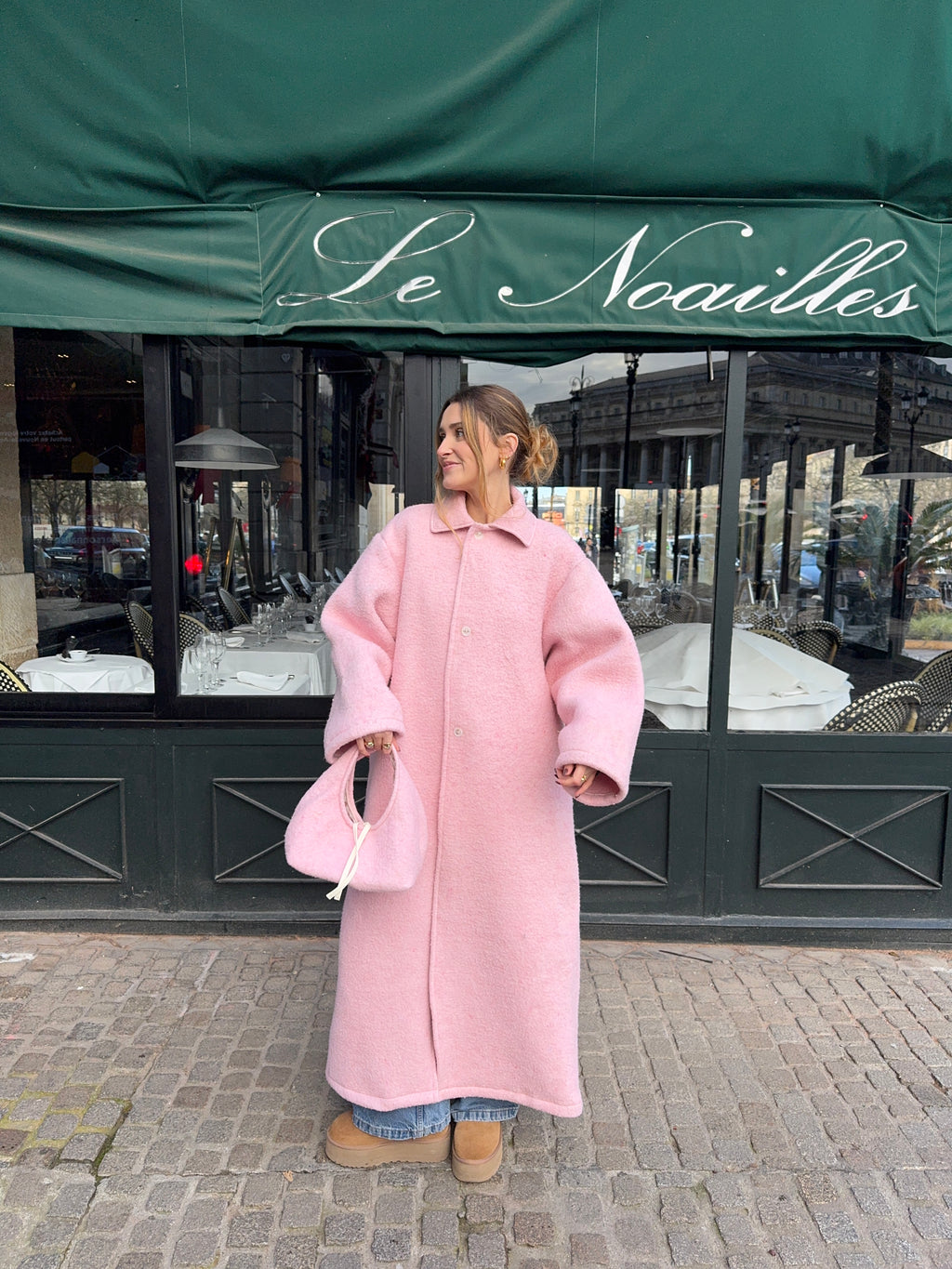 Manteau long upcyclé laine rose vintage