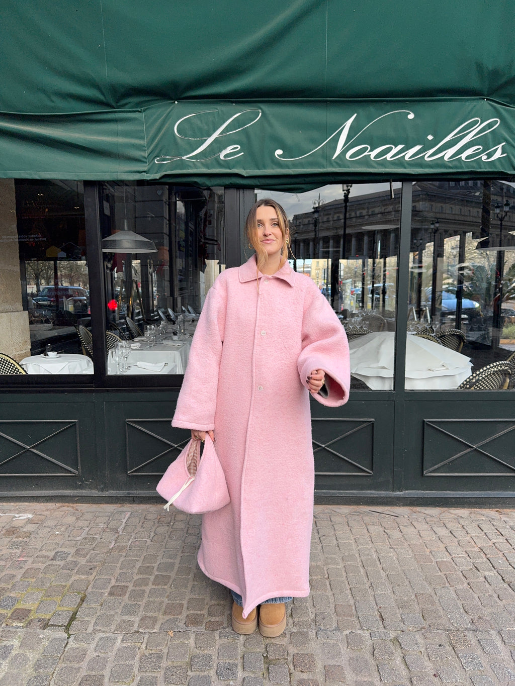 Manteau long upcyclé laine rose vintage