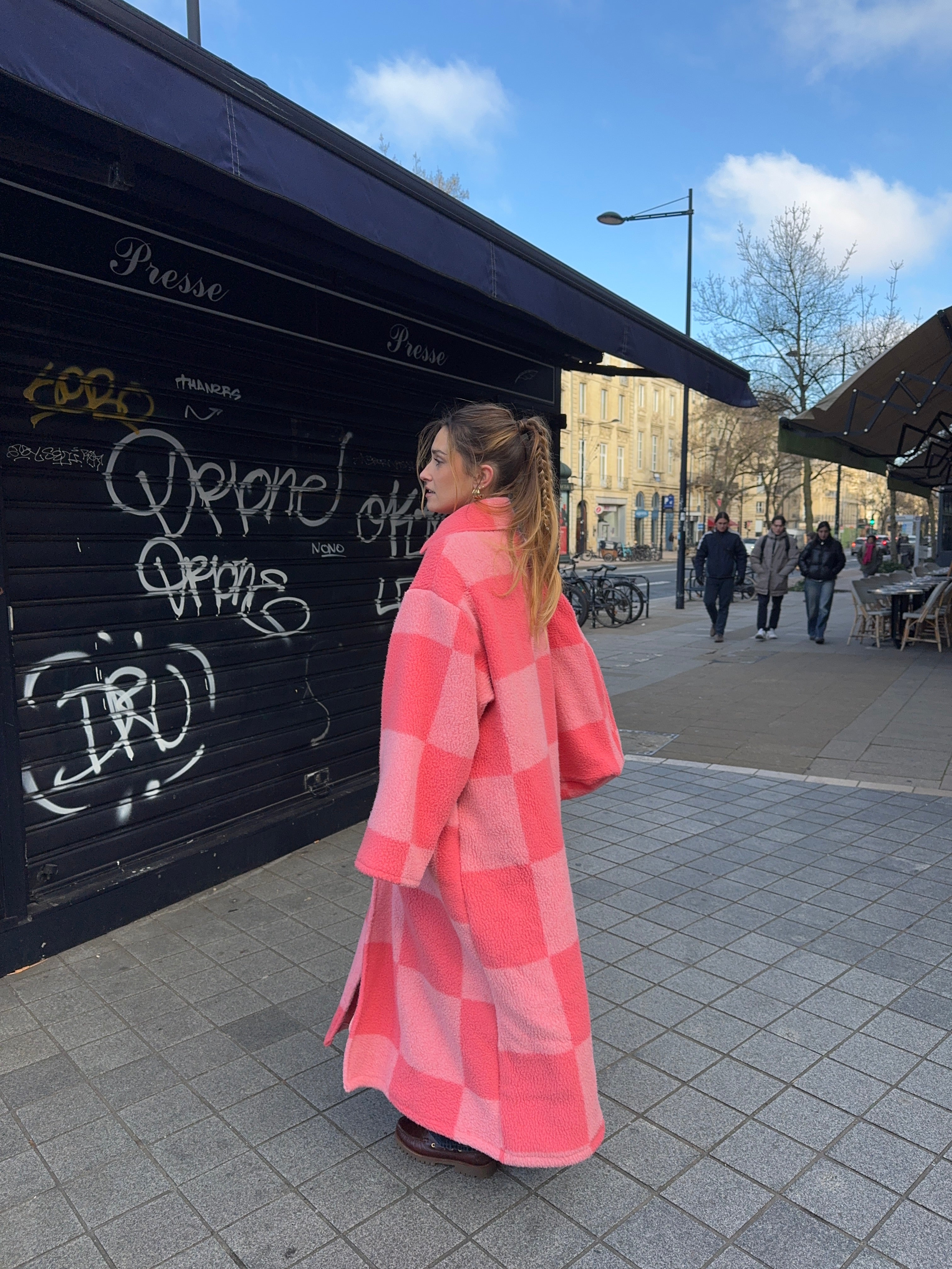 Manteau long upcyclé laine rose vintage