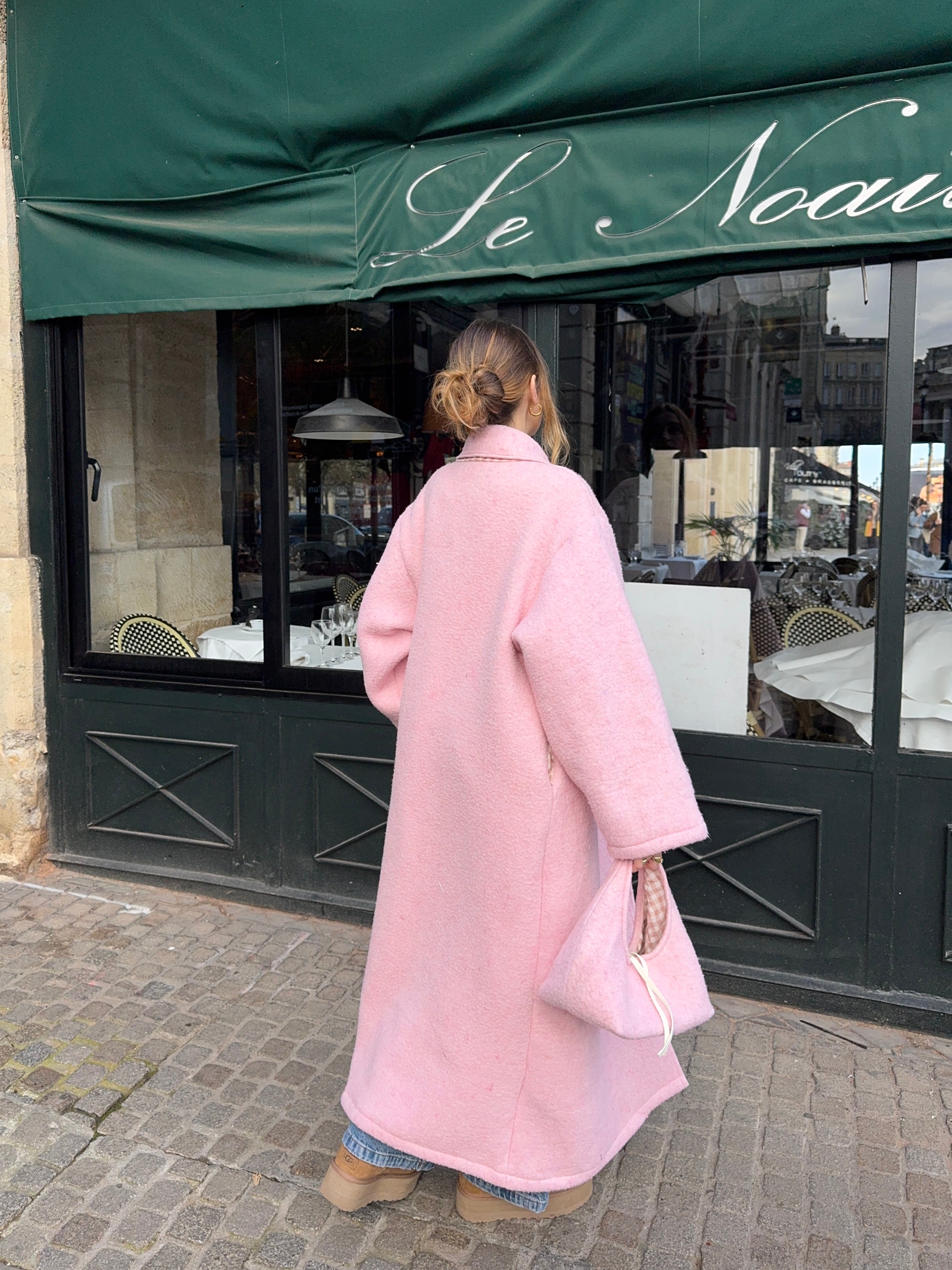Manteau long upcyclé laine rose vintage