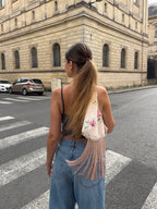Sac upcyclé crème à fleurs et franges vintage - petit