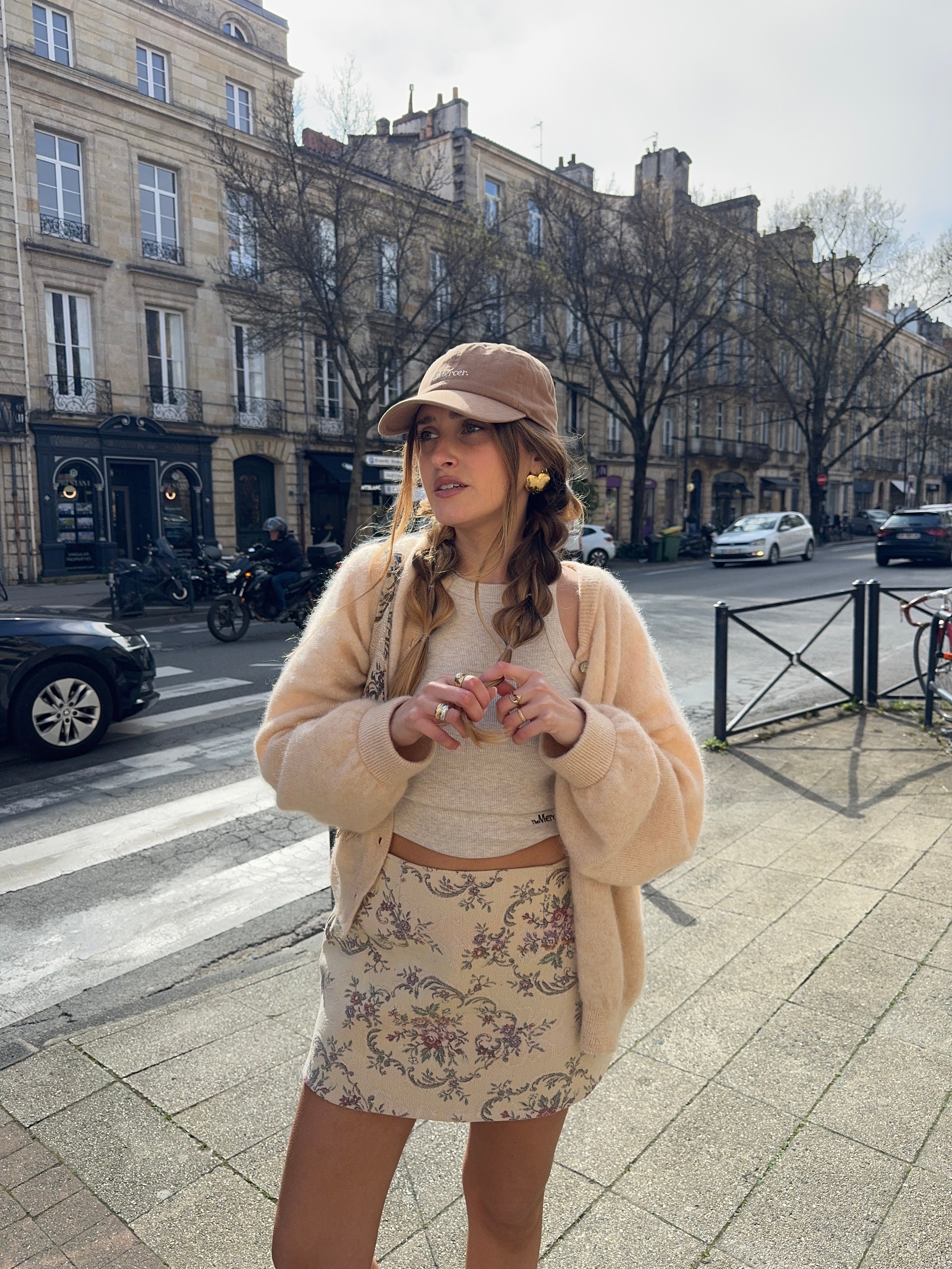 Jupe upcyclée beige à motifs vintage