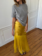 Jupe longue upcyclée satinée jaune et franges