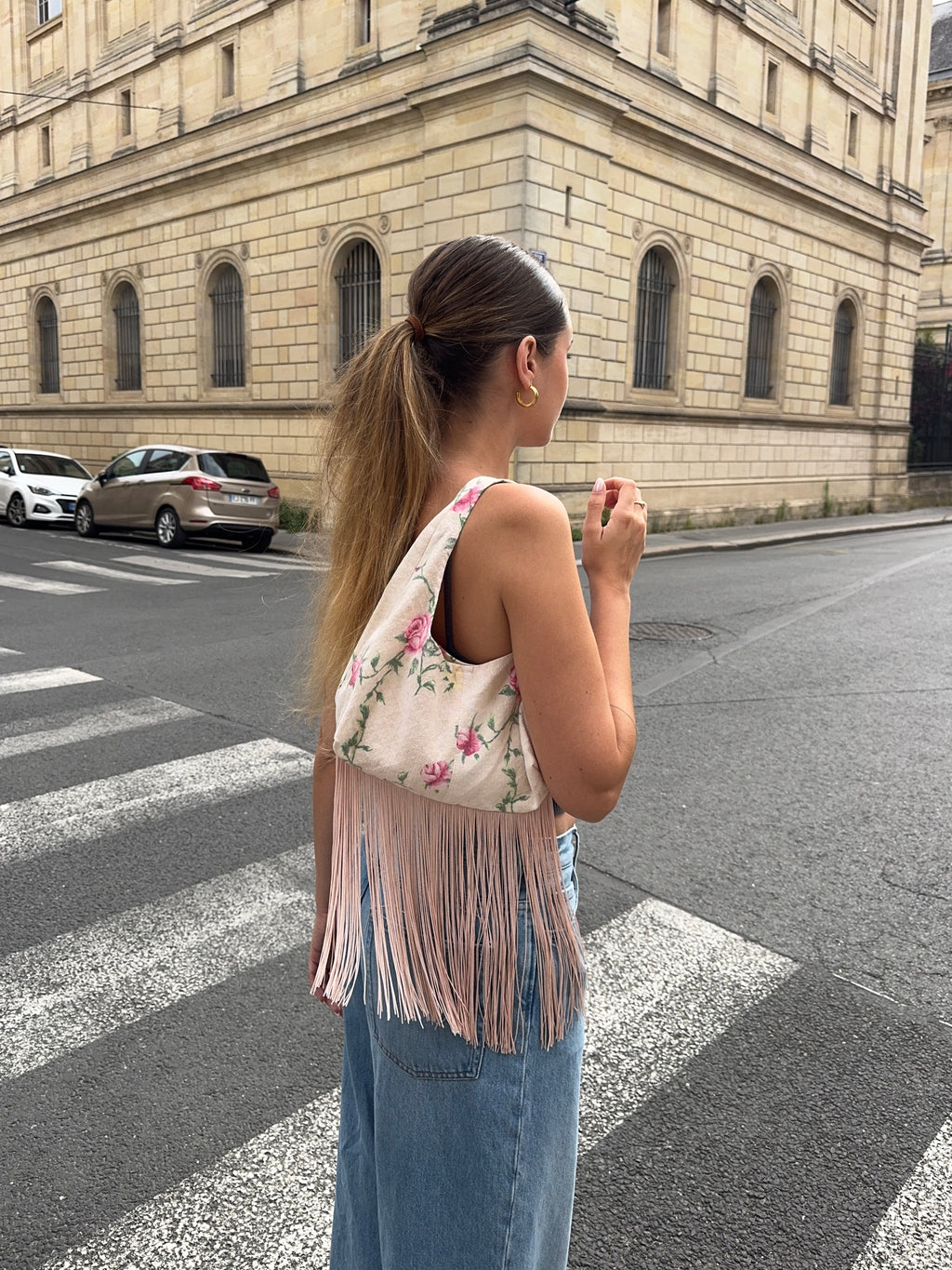 Sac upcyclé crème à fleurs et franges vintage - petit