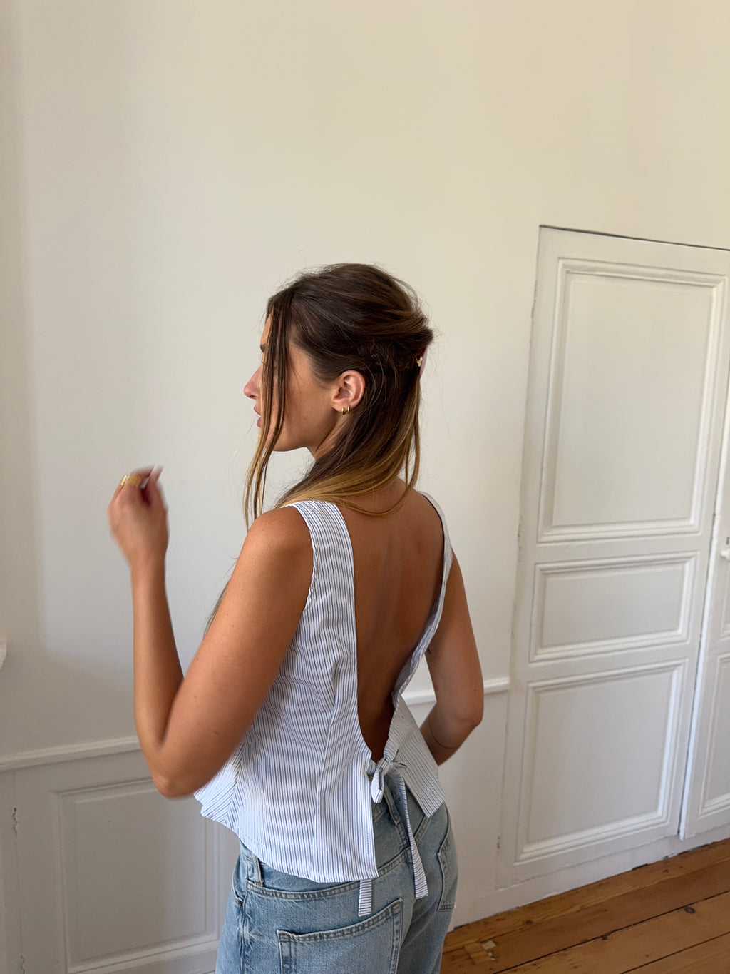 Top dos nu upcyclé blanc à rayures - M