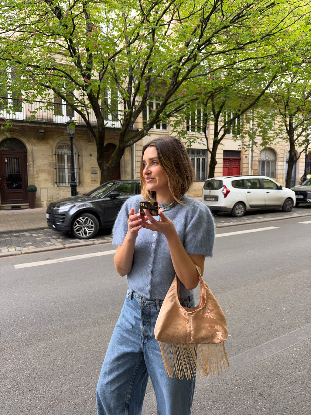 Sac upcyclé satiné et franges