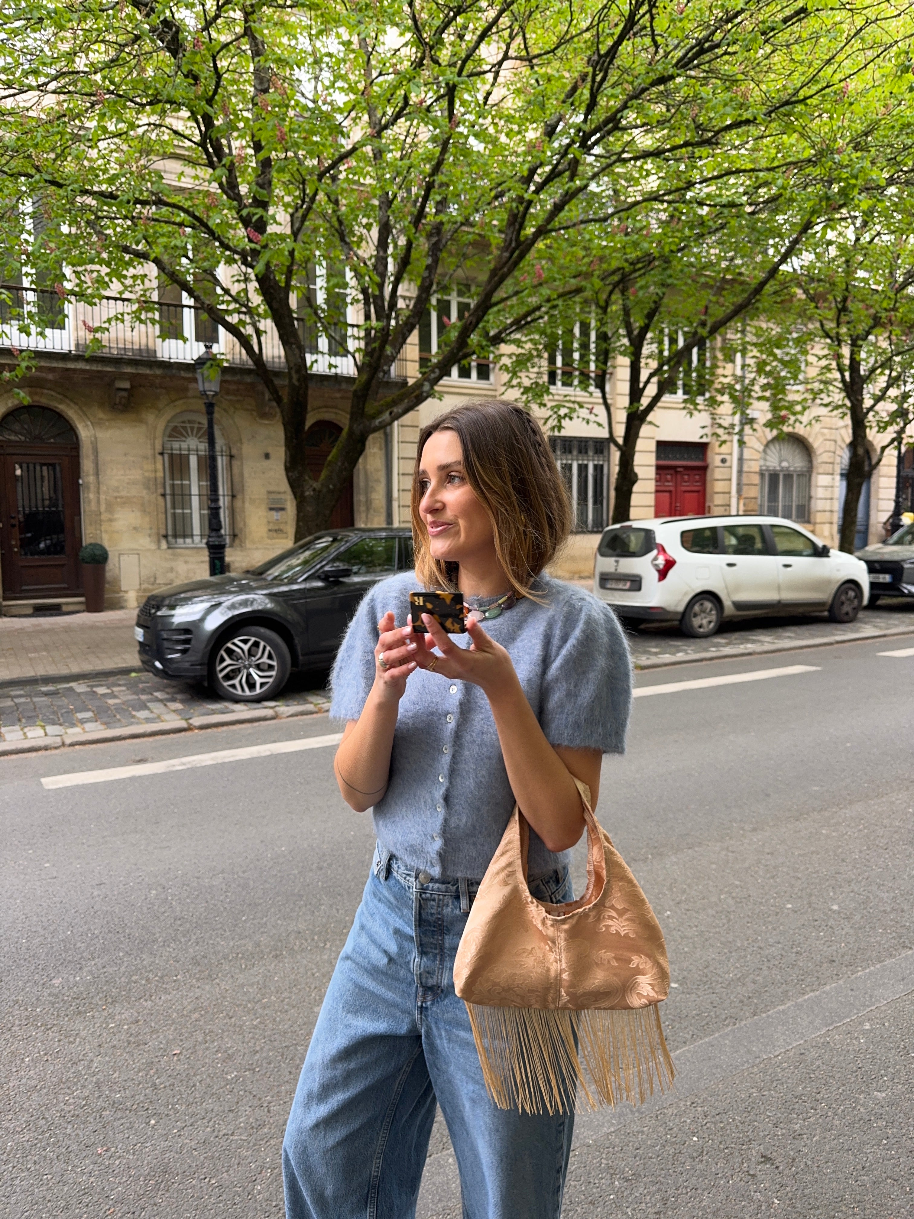 Sac upcyclé satiné et franges