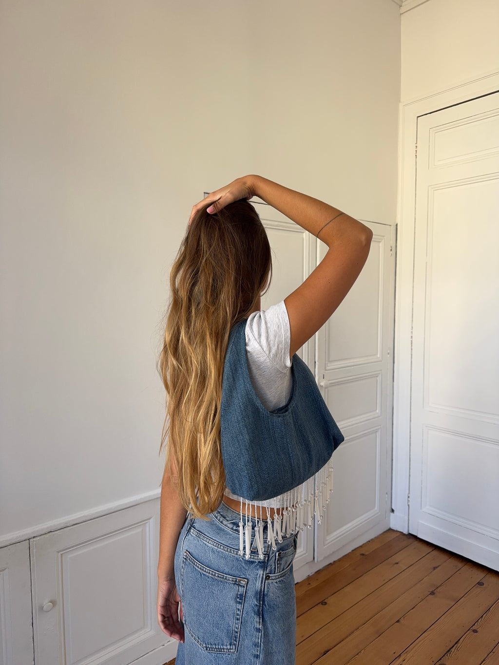 Sac upcyclé denim et perles